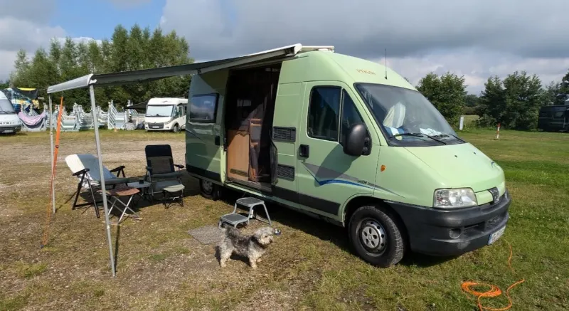 Grünes Kastenwagen-Wohnmobil mit Markise und Hund davor – Beispiel eines gebrauchten Wohnmobils für den Ankauf